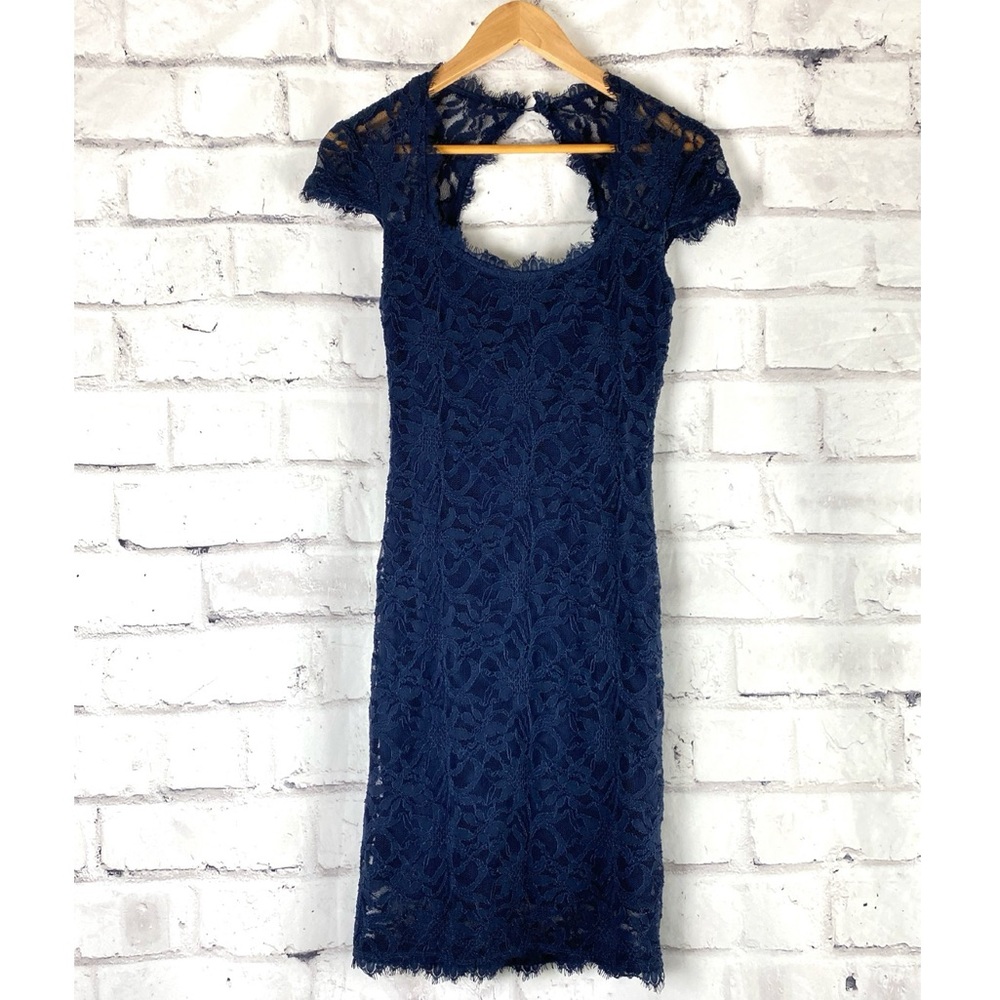 Navy Blue Lace Cap Sleeve Knee Length Dress Sz 7/8